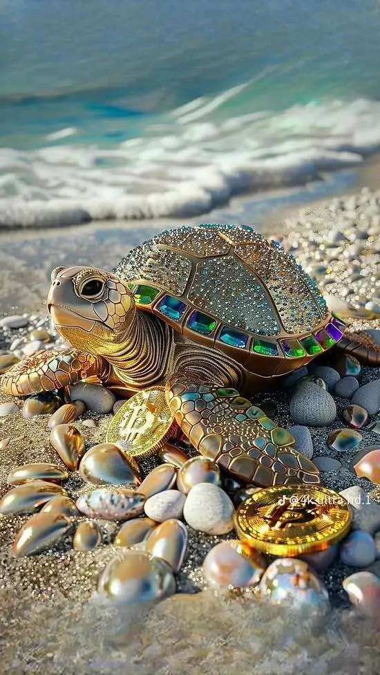 Rùa biển mai loang màu bò giữa bờ cát phủ vỏ sò và nước xanh nhạt, góc chụp gần làm mai rùa như nhô lên khỏi khung, hợp ảnh nền đt iPhone sáng và đẹp