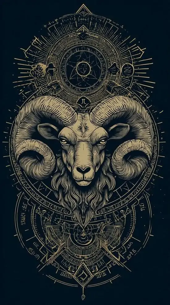 Đầu cừu sừng lớn hiện lên giữa nền xanh đen với họa tiết đối xứng dày, ánh kim mờ và nét vẽ kín tạo một hình nền nổi khá ngầu cho điện thoại Android