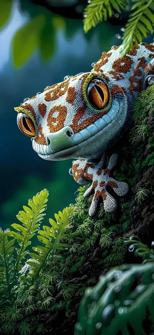 Hình nền Samsung chú tắc kè bám trên cành cây giữa rêu và lá ướt, mắt cam viền sắc cùng phần thân nghiêng ra trước làm ảnh nền không gian ba chiều trông rất sống