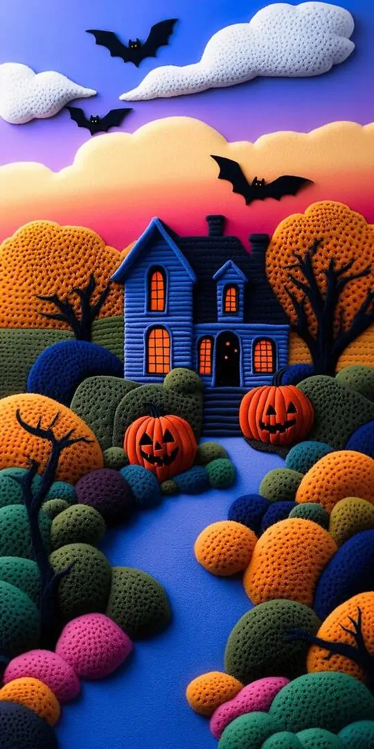 Ngôi nhà nhỏ nằm giữa lối đi đầy bí ngô tròn nhiều màu, trời chiều có dơi và mây tím khiến cảnh hoạt hình này lên màn hình dọc vừa vui mắt vừa cute