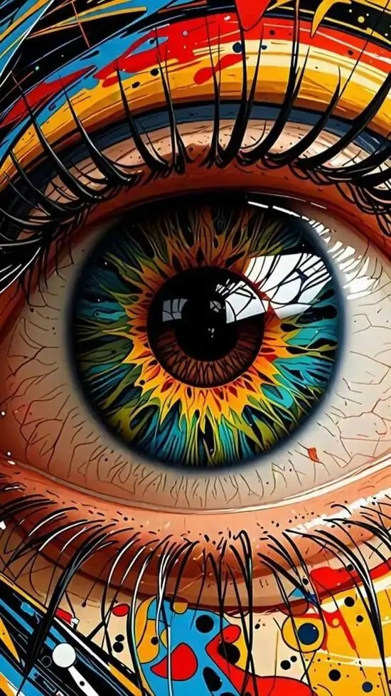 Ảnh bìa điện thoại cận cảnh một con mắt nhiều sắc màu, mi dày và nền hoa văn rực ôm quanh đồng tử tạo hiệu ứng thị giác mạnh như ảnh nền chiều sâu ảo 4K