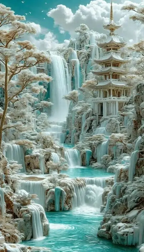 Thác nước băng đổ tầng tầng giữa rừng phủ tuyết trắng, khối đá và dòng lạnh xếp sâu vào trong làm bức hình nền đa chiều này rất hợp máy Samsung tông sáng