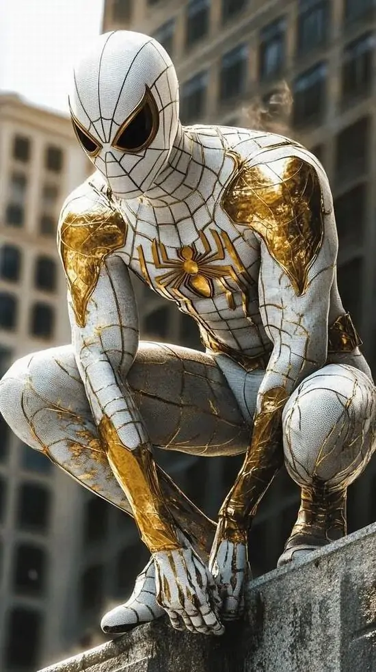 Ảnh nền Oppo người nhện trắng vàng ngồi xổm trên gờ đá giữa phố, tư thế ép người và ánh kim trên áo khiến chủ thể bật hẳn lên như ảnh màn hình ảo giác HD