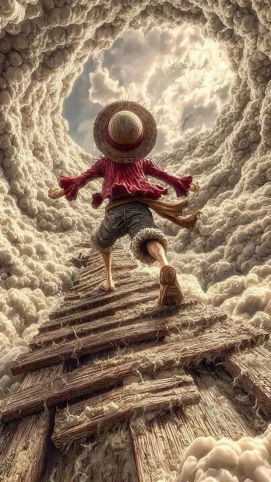 Hình nền phi hành gia tí hon mặc đồ đỏ dang tay giữa dải mây xoáy sáng, góc nhìn từ dưới lên làm lối gỗ gãy như lao thẳng vào một ảnh nền không gian ba chiều rất cuốn