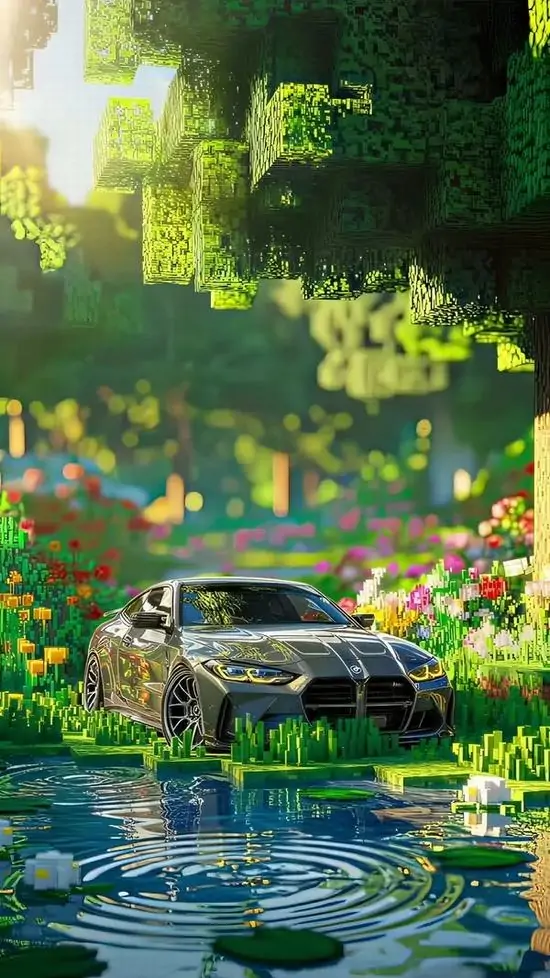 Hình nền Android chiếc xe xanh đỗ giữa mặt nước phản sáng, hậu cảnh xanh neon và các khối vuông lơ lửng làm toàn khung trông như một phòng game 3D đẹp mắt