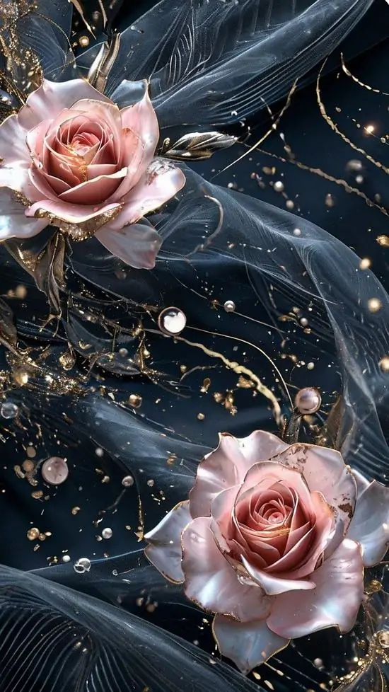 Hai bông hồng hồng mở cánh trên nền lụa đen kéo dài, các dải sáng vàng uốn quanh làm hoa nổi bật mà vẫn mềm, hợp ảnh nền nổi cho điện thoại nữ tính