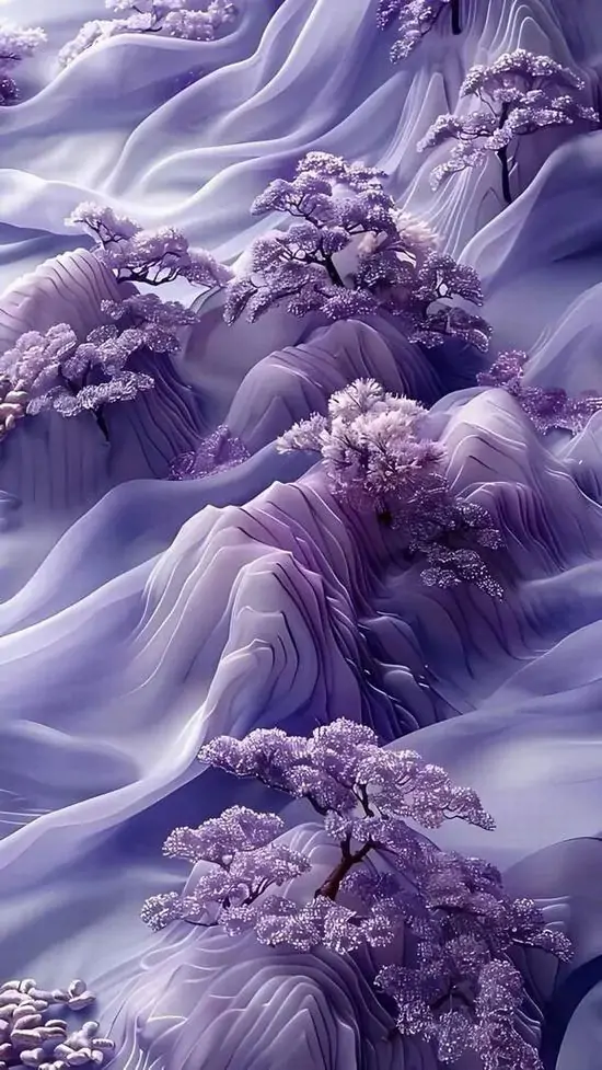 Ảnh wallpaper điện thoại đồi núi tím phủ mây bông và rừng nhỏ chạy lớp lớp ra xa, sắc lavender dịu mắt giúp ảnh nền không gian ba chiều này lên máy rất êm