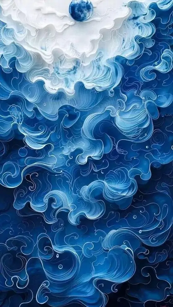 Những con sóng xanh lam cuộn dày thành nhiều tầng như giấy cắt, phần sáng tối tách rõ tạo cảm giác mặt nước nhô ra rất đẹp cho màn hình dọc Ultra HD