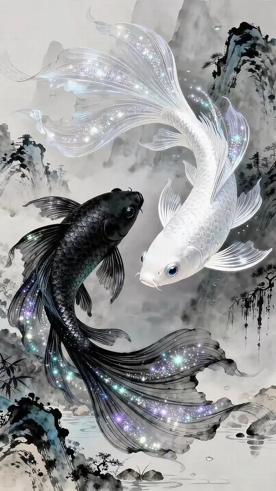 Hình nền iPhone cặp cá đen trắng xoáy vào nhau giữa mực loang và hạt sáng, thân cong mạnh làm tâm ảnh xoắn sâu như đồ họa không gian sâu cho máy Oppo