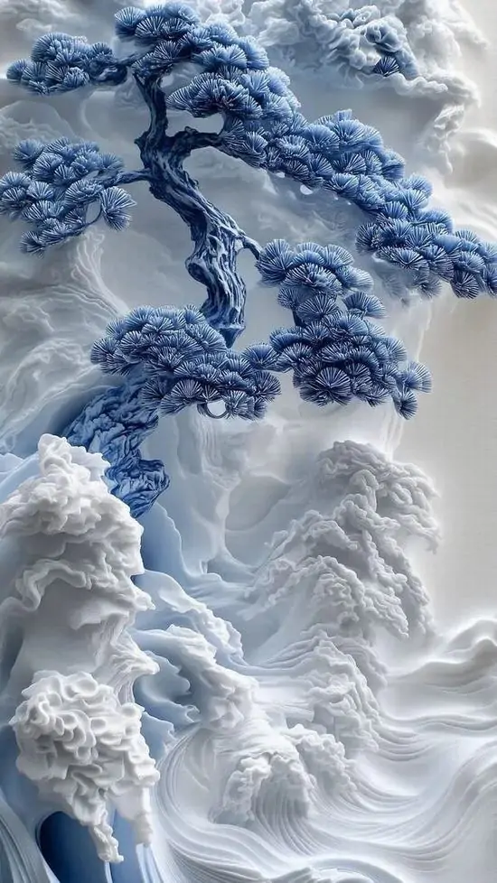 Mảng băng trắng xanh cuộn thành lớp trên nền trời lạnh, nét vẽ dày như kem đánh bông khiến bố cục dọc có độ nổi khối rõ và nhìn rất sạch trên Android