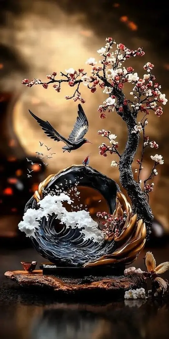 Ảnh nền Samsung quả cầu thủy tinh chứa đàn cá nhỏ đặt trên mặt nước, phía sau là cành hoa nghiêng và đàn chim bay khiến bức ảnh 3D này vừa lạ vừa cuốn