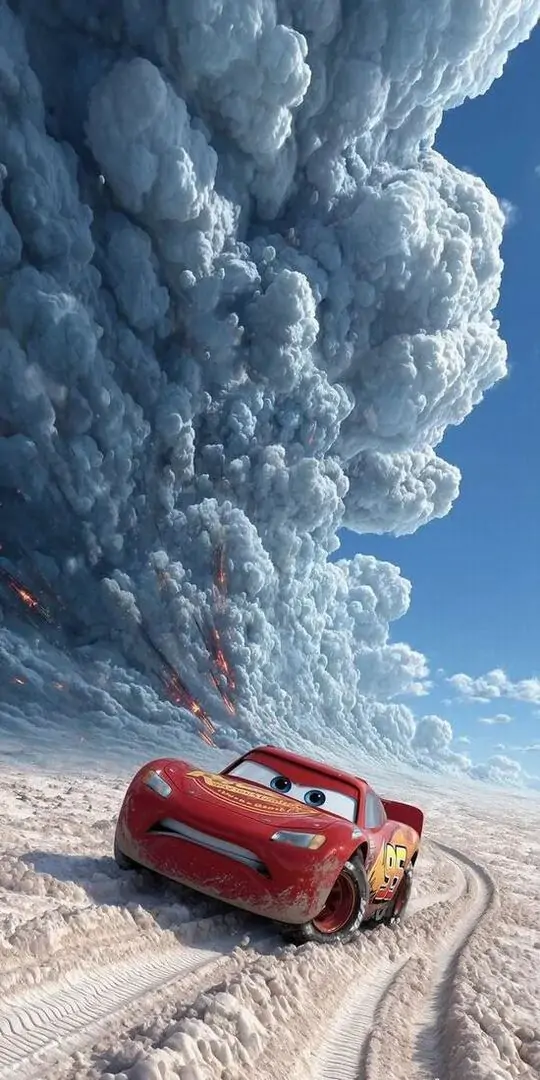 Ảnh bìa Android đám mây bão dựng cao giữa trời xanh, chiếc xe đỏ chạy dưới chân mây tạo cảm giác nhỏ bé và mở rộng không gian hiển thị rất mạnh trên màn hình