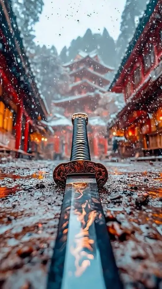 Lối đi giữa đền đỏ phủ lá mùa lạnh dẫn thẳng vào trung tâm, phối cảnh một điểm tụ kéo mắt sâu hun hút khiến ảnh nền chiều sâu ảo này rất hợp iPhone