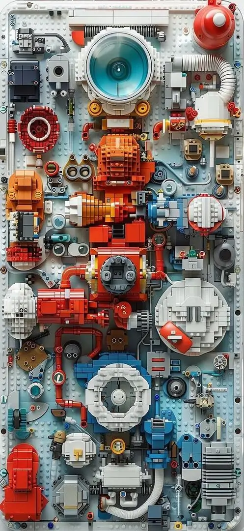 Ảnh nền bảng máy móc phủ kín ốc vít, bánh răng và mắt kính xanh đỏ xếp dày đặc, tông cam bạc làm mặt phẳng trông như mở ra thành một hình nền đa chiều HD