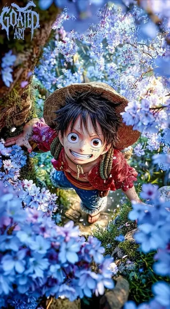 Cô bé tóc đen mắt tròn ngước lên giữa thảm hoa xanh tím, khăn đỏ nổi bật trên váy sẫm và góc chụp thẳng đứng làm khung hình cute như bước ra khỏi màn hình