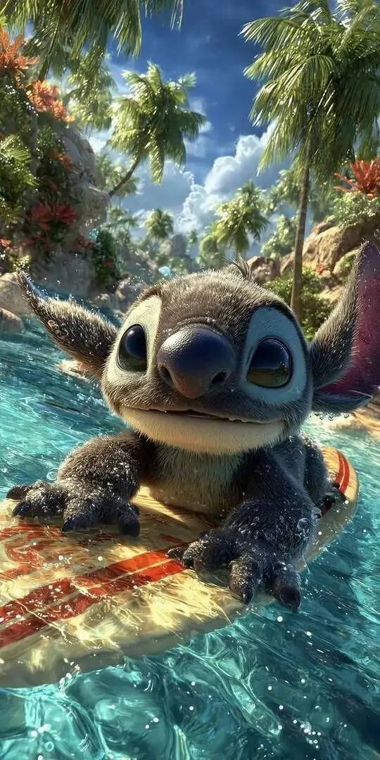 Ảnh bìa sinh vật tai lớn ngồi bên mép nước trong dưới nắng rừng, đôi mắt sáng và nụ cười nghịch làm bức ảnh nền nổi này hợp iPhone lẫn Android rất dễ thương