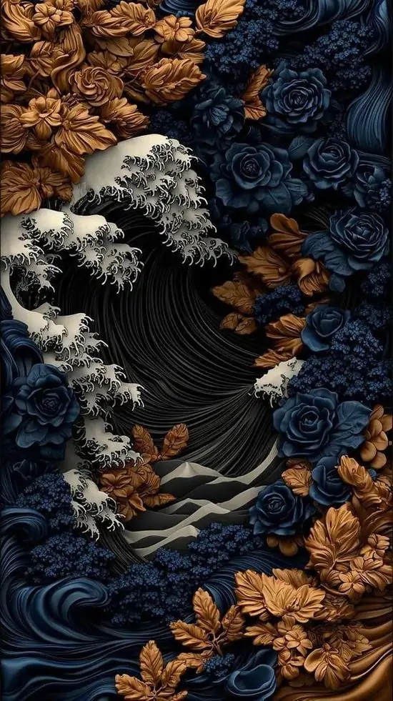 Hình nền điện thoại con quạ đen xòe cánh giữa lớp sóng xanh sẫm và lá nâu cuộn quanh, chất liệu nổi hằn từng sợi lông làm ảnh nền chiều sâu ảo trông khá ngầu