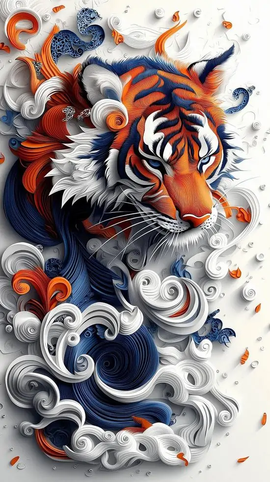 Con hổ trắng sọc cam gầm vươn ra từ mảng sóng và mây, nền sáng sạch giữ chủ thể thật gọn nên lên máy Oppo nhìn rất đã mắt và rõ từng khối 3D