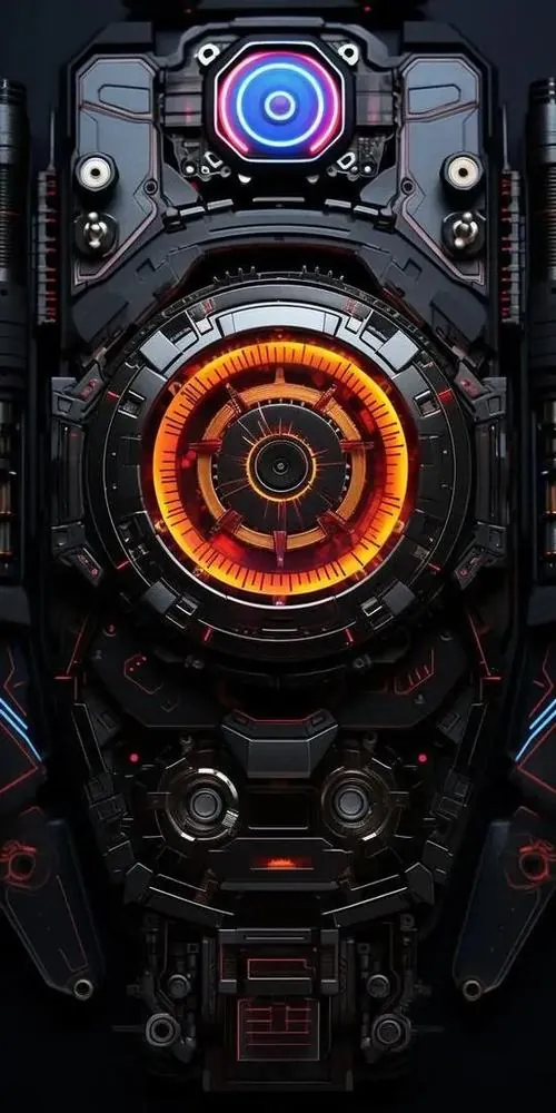 Cụm loa tròn màu cam đặt giữa bộ vỏ máy đen xám, vòng sáng và các lớp ốc viền quanh tâm giúp ảnh nền điện thoại ba chiều này trông mạnh, gọn và rất HD