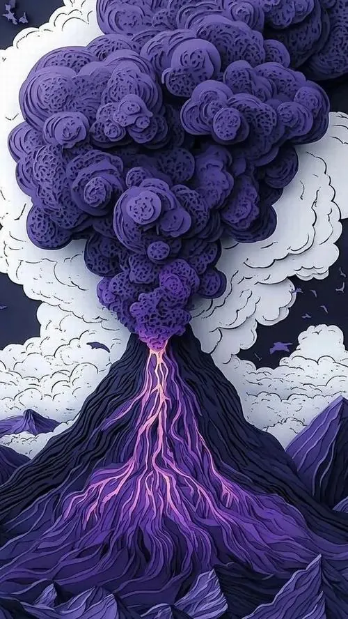 Cột khói tím nở bùng như cây nấm trên nền trắng xám, mảng màu loang mềm nhưng khối chính vẫn rõ nên rất hợp làm hình nền chất lượng cao cho điện thoại