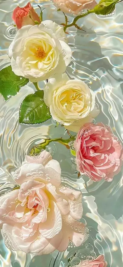 Những bông hồng kem và hồng phấn nở mềm trên nền xanh nhạt, sắc màu nhẹ tay và nét vẽ mỏng tạo thành ảnh nền điện thoại ba chiều hợp gu nữ tính cute