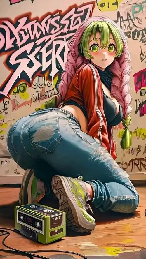 Cô gái anime tóc xanh hồng ngồi chồm hỗm trên thùng loa, áo ngắn và quần jean ôm nổi bật giữa mảng graffiti khiến ảnh nền điện thoại độ phân giải cao thêm trẻ trung