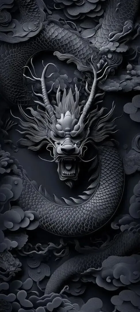 Ảnh nền mobile con rồng đen cuộn mình trong bóng tối, vảy chìm và phần đầu ló sáng nhẹ tạo hiệu ứng chiều sâu rất gắt cho ai thích hình nền 3D ngầu
