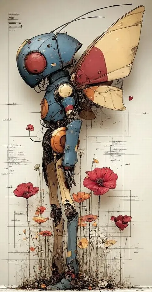 Người máy nhỏ cầm chùm bóng đứng cạnh mấy bông hoa đỏ trên nền giấy cũ, gam màu dịu làm ảnh nền đa chiều chất lượng cao này trông hiền và có chút cute