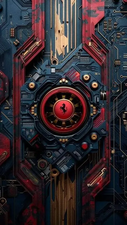 Hình nền khóa màn hình mảng cơ khí đỏ đen đặt chính giữa như lõi máy đang mở, nhiều đường viền và ốc nổi kín khung dọc nên lên máy cực rõ và đậm chất 4K