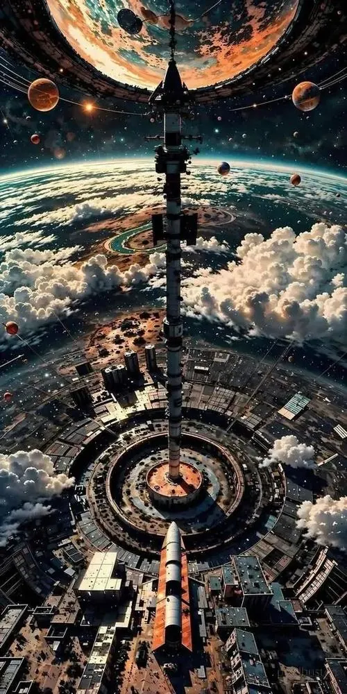 Hình nền khung cảnh thành phố nhìn từ trên cao với vòng sáng như cổng không gian mở giữa trời mây, tông xanh cam làm ảnh nền ba chiều sắc nét này lên máy rất cuốn