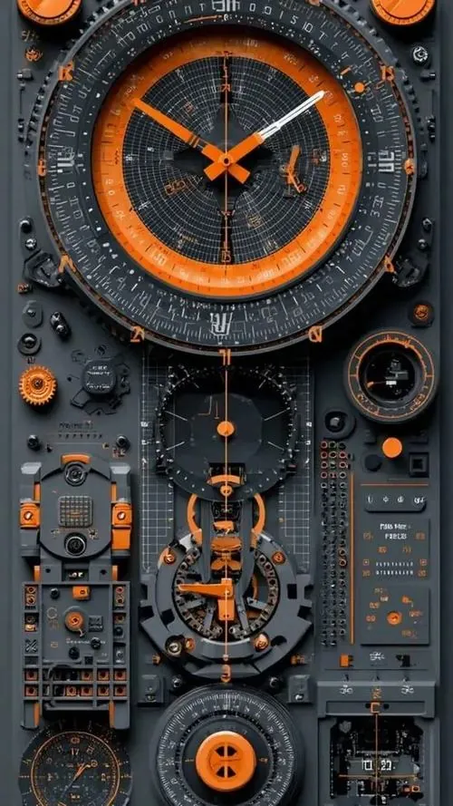 Ảnh nền full màn hình bảng điều khiển tròn màu cam đặt giữa mặt máy xanh xám, các nút và bánh răng xếp gọn tạo cảm giác ảnh màn hình hiệu ứng nổi rất đã mắt