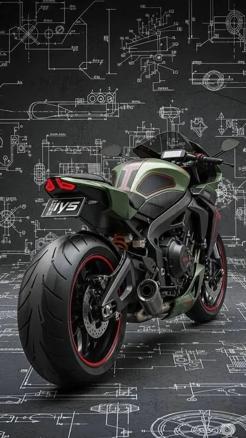 Mô tô thể thao màu đen dựng chéo trên nền bản phác kỹ thuật tối màu, phần bánh và thân xe lên khối gọn ghẽ nên hợp làm ảnh nền điện thoại độ phân giải cao Ultra HD