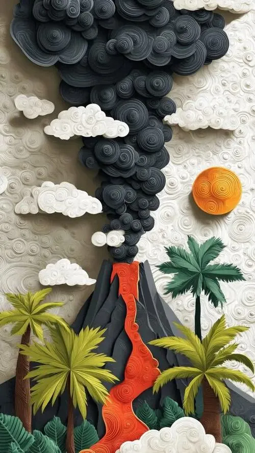 Hình nền dọc cột mây đen xoắn lên từ đảo nhỏ có cây và quả cam, sắc giấy thô cùng hình khối lạ mắt biến khung ảnh thành một nền máy rất riêng