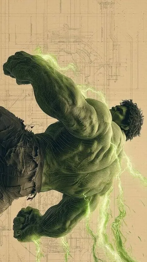 Cơ thể xanh khổng lồ nghiêng mạnh sang bên trên nền giấy cũ, cơ bắp nổi dày và thế lao về trước khiến ảnh nền ba chiều sắc nét này trông rất ngầu