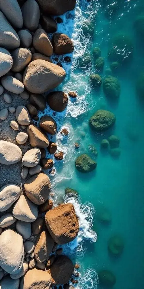 Bờ đá nhìn từ trên cao ôm lấy dải nước xanh ngọc trong veo, các tảng đá nâu xám xếp rải tự nhiên giúp hình nền chất lượng cao này mang cảm giác mát và sạch