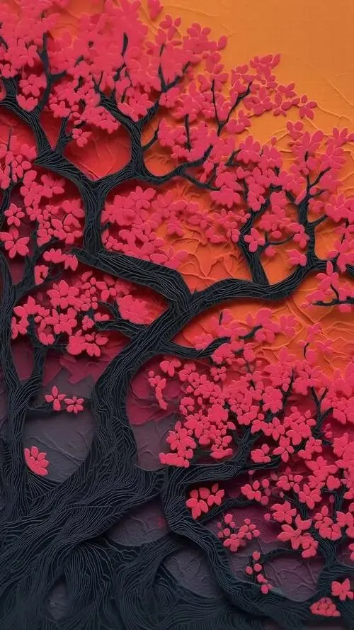Hình nền 4K cây hoa hồng đỏ hồng bung tán giữa nền trời cam rực, thân cây đen gân guốc nổi bật làm khung dọc vừa ấm vừa rất hợp kiểu ảnh bìa điện thoại
