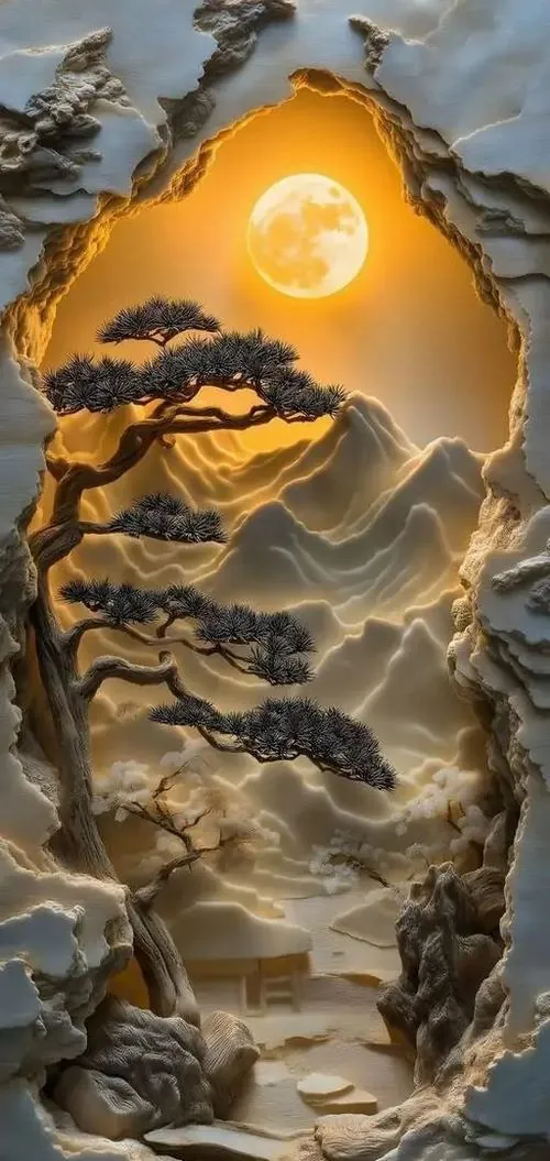 Vầng trăng sáng treo trên lớp núi đá xếp tầng màu vàng nâu, phần sương mờ và đường viền núi làm ảnh nền đa chiều chất lượng cao hiện lên có lớp lang rõ rệt