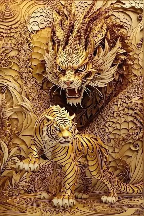Ảnh nền rồng vàng uốn thân quanh khối cầu sáng ở giữa, vảy chạm nổi kín khung dọc khiến hình nền đồ họa kỹ thuật số này trông ấm và cực kỳ đẹp