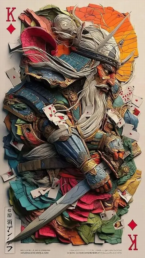 Lá bài vua vẽ chiến binh đội mũ rộng và cầm kiếm chéo trước ngực, lớp màu đỏ xanh xếp dày giúp ảnh nền điện thoại ba chiều nhìn ngầu mà vẫn rõ nét