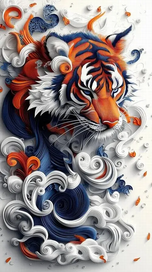 Con hổ ngoảnh mặt giữa những vệt mây cuộn xanh trắng, lông cam đen và ánh mắt gắt tạo cảm giác chuyển động rõ ràng như ảnh nền đa chiều chất lượng cao 3D