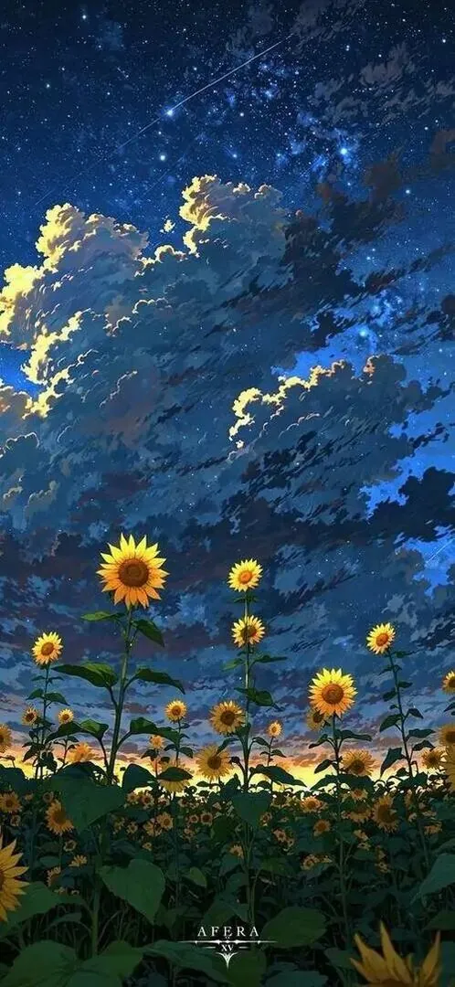 Hình nền điện thoại bầu trời xanh đậm với vệt sao vàng bay ngang phía trên cánh đồng hoa hướng dương, khung dọc thoáng mắt nên lên màn hình rất đẹp và dịu