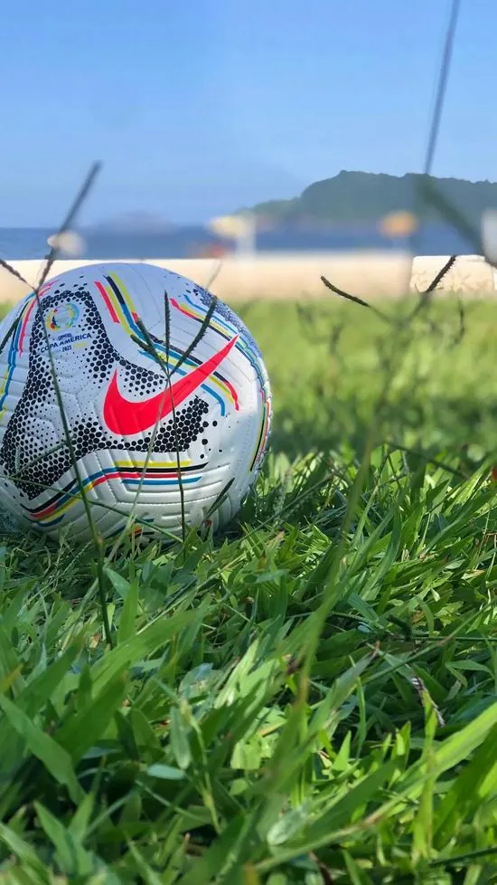 Quả bóng nằm yên bình trên thảm cỏ xanh bên bờ biển rì rào sóng vỗ tạo nên một bố cục hài hòa lạ mắt cho những ai yêu thích sự bình yên.