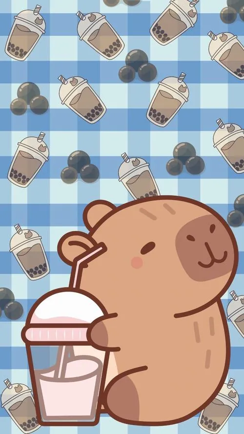 Bản họa tiết caro xanh nhạt có capybara quay lưng ôm ly kem, xen giữa trái tim và món ngọt nhỏ, kiểu ảnh nền capy cute nhìn gọn gàng mà vẫn vui nhộn