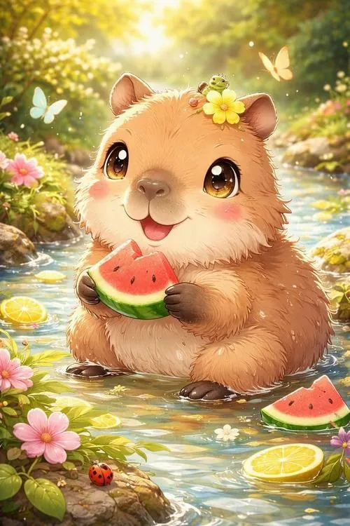 Ảnh wallpaper capybara con ôm miếng dưa hấu giữa khu vườn nắng sớm, lông vàng óng và đôi mắt long lanh làm hình nền động vật thư giãn này trông cực cute