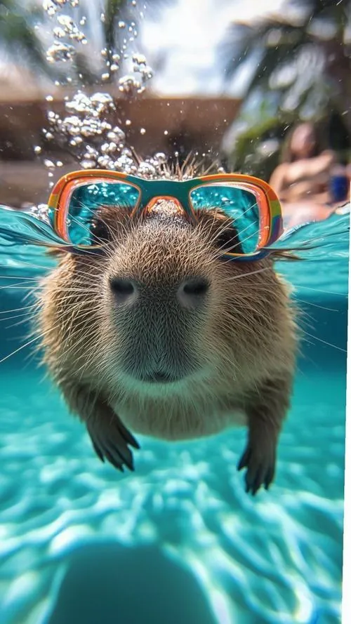 Góc chụp cận cảnh capybara thật đang ngoi trong mặt nước xanh, đôi kính phát sáng ôm quanh mặt tạo cảm giác tinh nghịch, hợp ai thích ảnh màn hình capybara hơi ngầu