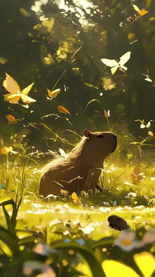 Ảnh nền đt Iphone capybara nhỏ ngồi giữa bãi cỏ vàng loang nắng, vài cánh bướm trắng bay quanh tai làm bức ảnh nền chuột lang nước này rất mơ màng và Ultra HD