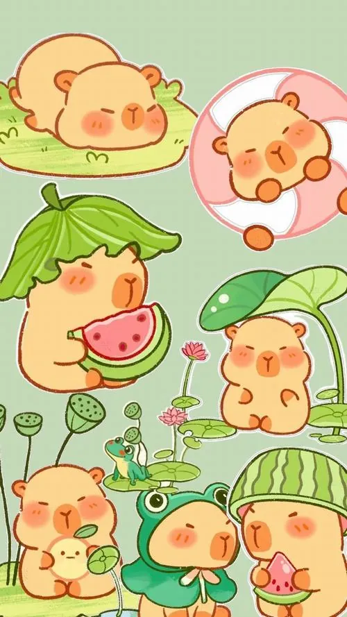 Nền minh họa phủ đầy capybara trái cây với dưa hấu, lá xanh và gương mặt tròn xoe, kiểu sắp xếp lặp lại khiến hình nền capy cute nhìn vừa ngọt vừa tươi