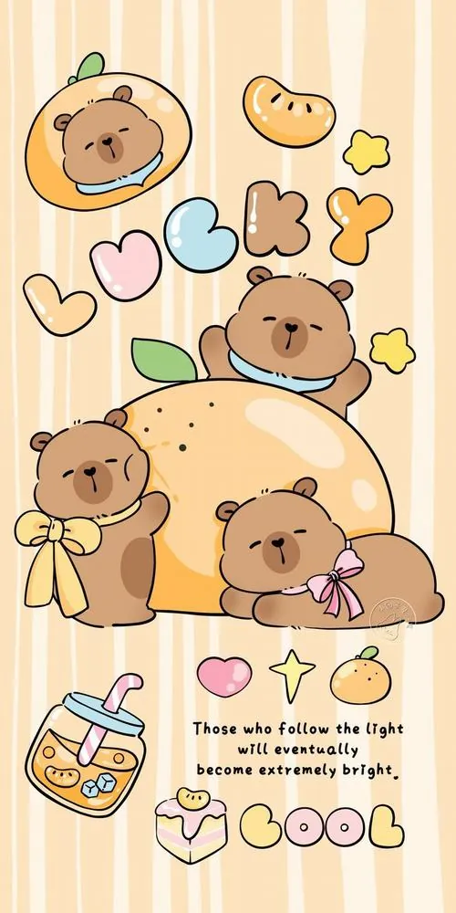 Hình nền dọc capybara vẽ tay trên nền be nhạt, những trái tim, ngôi sao và dòng chữ nhỏ bao quanh khiến ảnh nền chuột lang khổng lồ trông đáng yêu mà không rối mắt