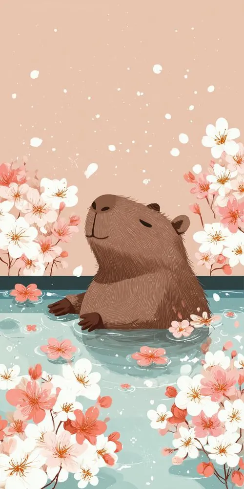 Capybara nâu ngồi nghiêng bên mép nước xanh, phía sau là tán hoa hồng li ti bay nhẹ, bố cục thoáng làm hình nền điện thoại đẹp theo kiểu dịu dàng