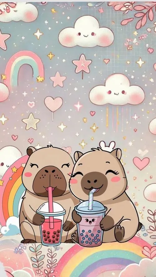 Ảnh màn hình hai capybara hoạt hình ngồi cạnh nhau dưới cầu vồng pastel, mây trắng và tim nhỏ phủ kín nền sau tạo cảm giác vui vẻ như một tấm ảnh bìa rất dễ thương
